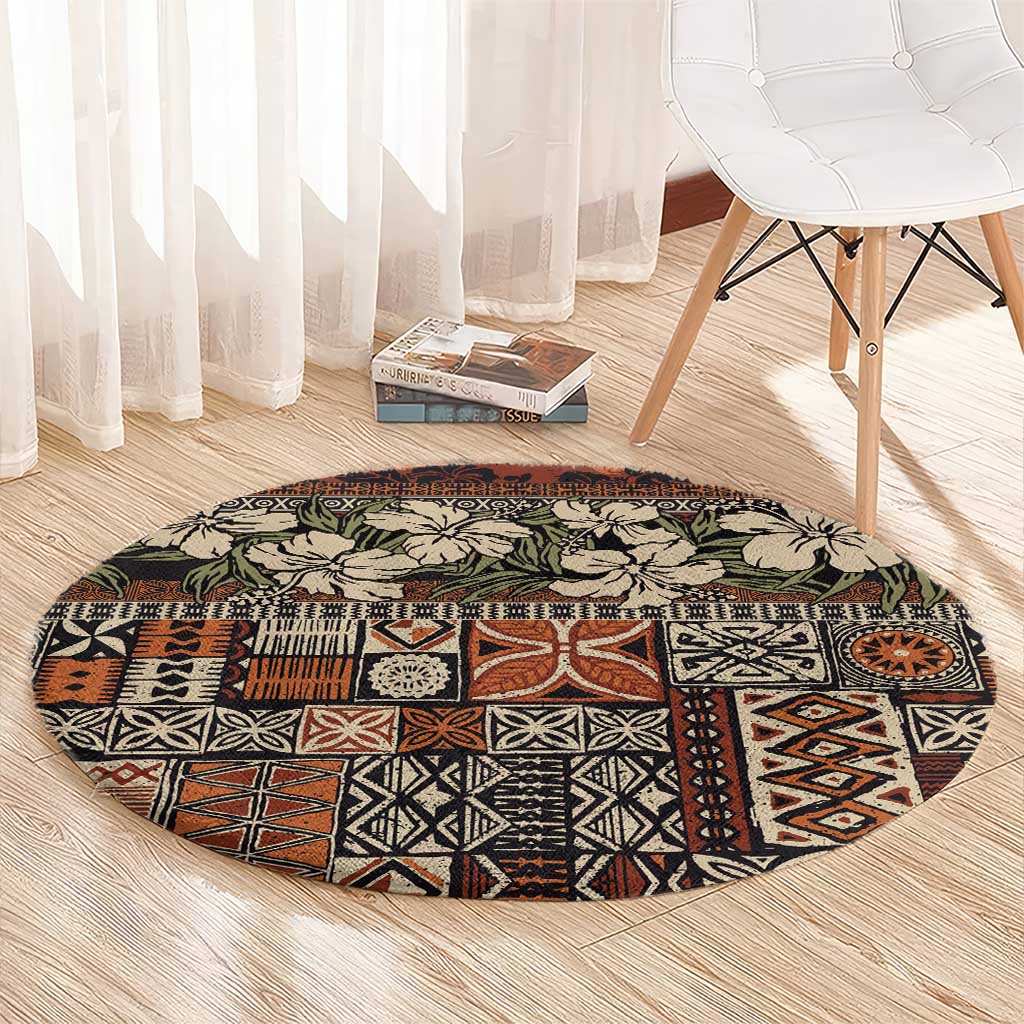Pacific Hibiscus Tapa Tribal Vintage Round Carpet Brown Motif LT9 - Polynesian Pride