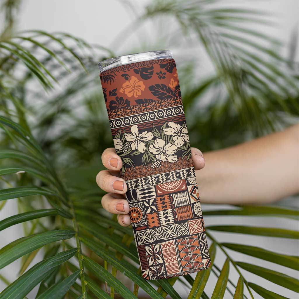 Pacific Hibiscus Tapa Tribal Vintage Skinny Tumbler Brown Motif LT9 - Polynesian Pride