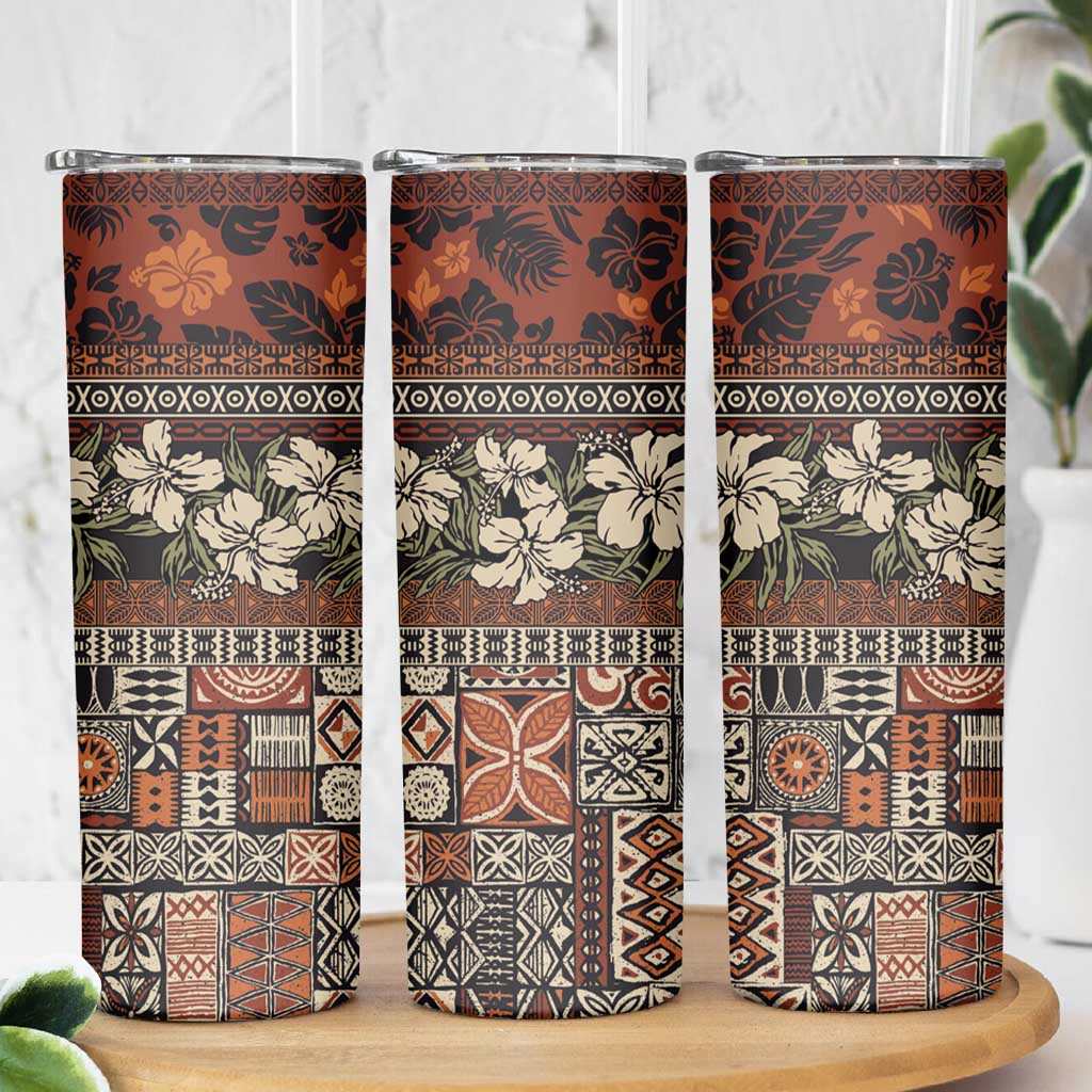 Pacific Hibiscus Tapa Tribal Vintage Skinny Tumbler Brown Motif LT9 - Polynesian Pride