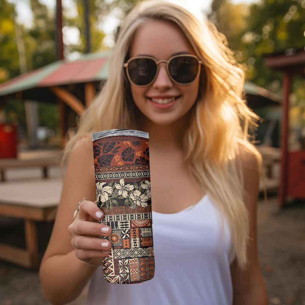 Pacific Hibiscus Tapa Tribal Vintage Skinny Tumbler Brown Motif LT9 - Polynesian Pride