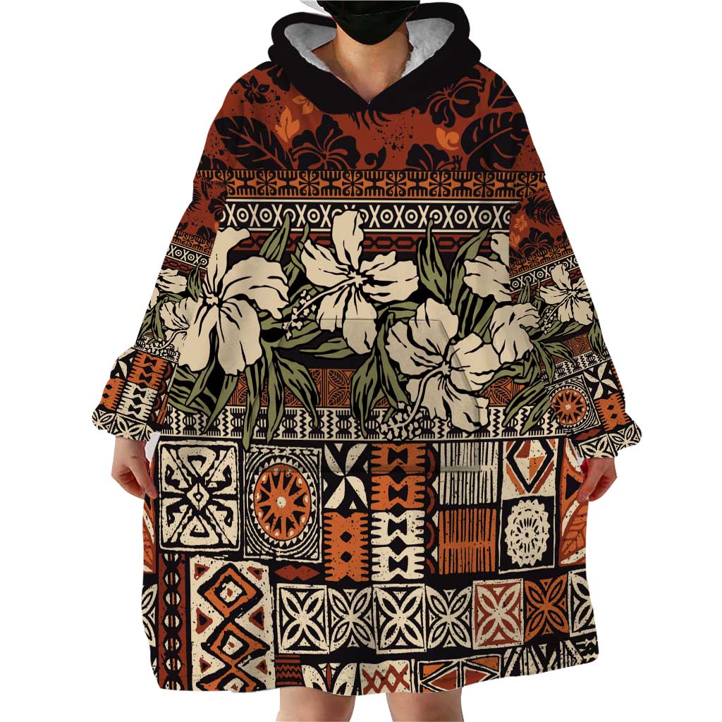 Pacific Hibiscus Tapa Tribal Vintage Wearable Blanket Hoodie Brown Motif LT9 - Polynesian Pride