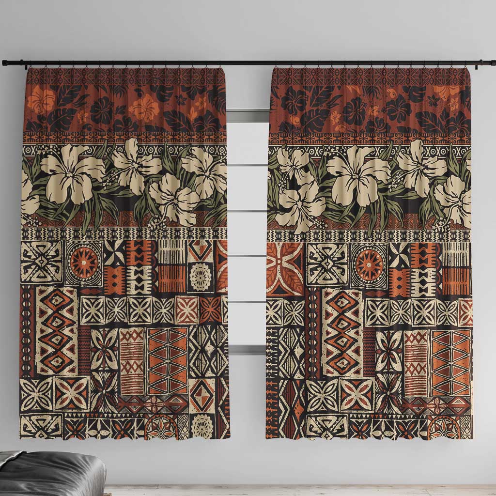 Pacific Hibiscus Tapa Tribal Vintage Window Curtain Brown Motif LT9 With Hooks Brown - Polynesian Pride