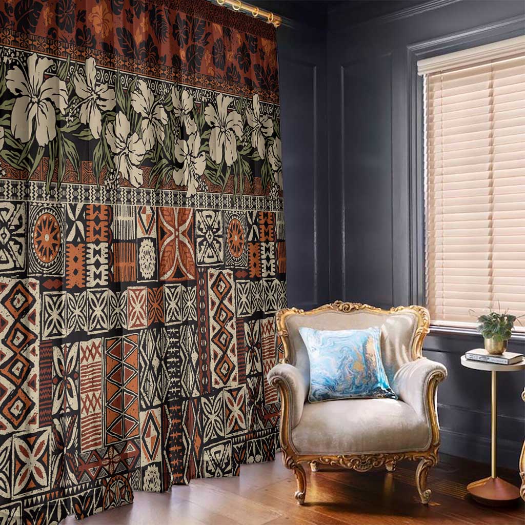 Pacific Hibiscus Tapa Tribal Vintage Window Curtain Brown Motif LT9 - Polynesian Pride