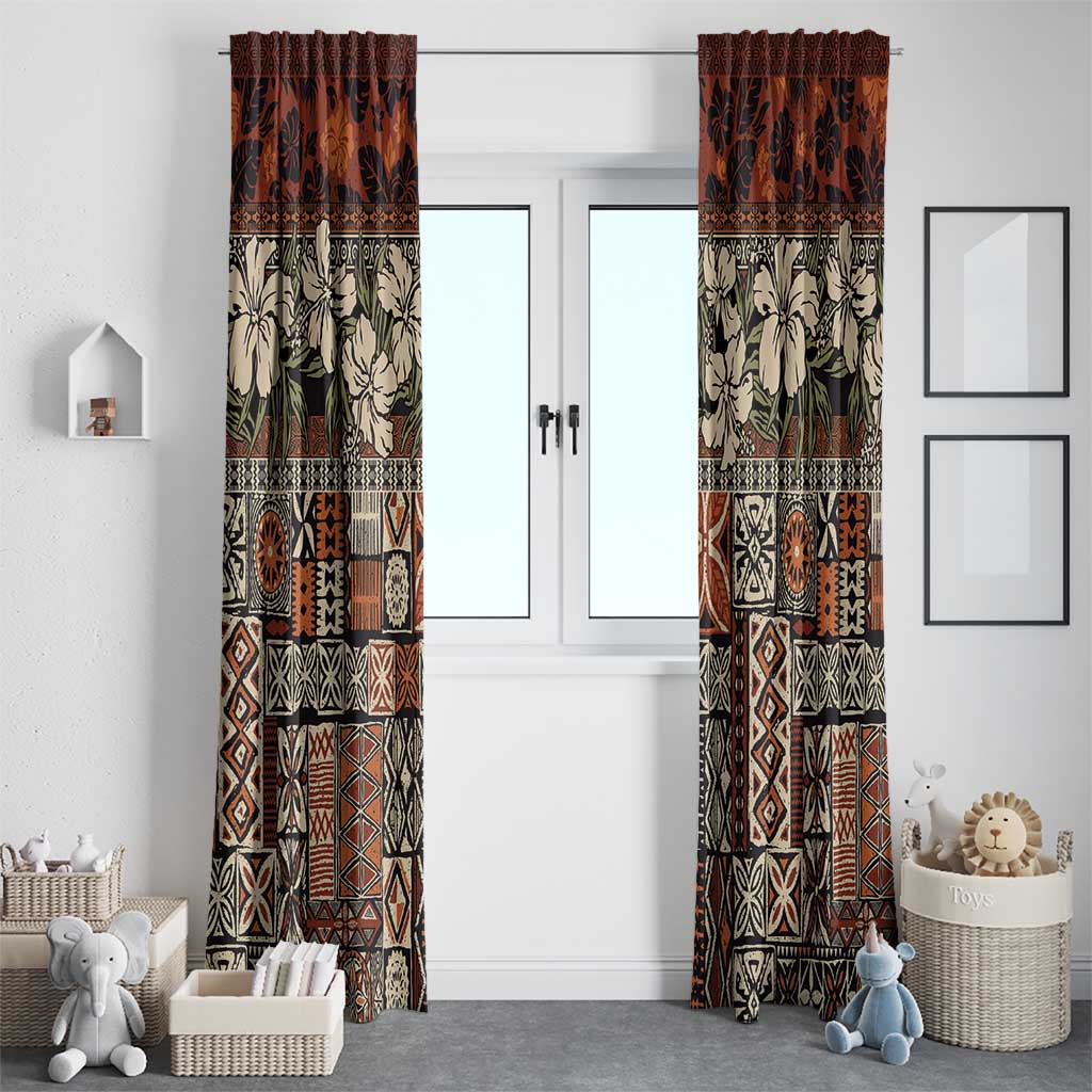 Pacific Hibiscus Tapa Tribal Vintage Window Curtain Brown Motif LT9 - Polynesian Pride