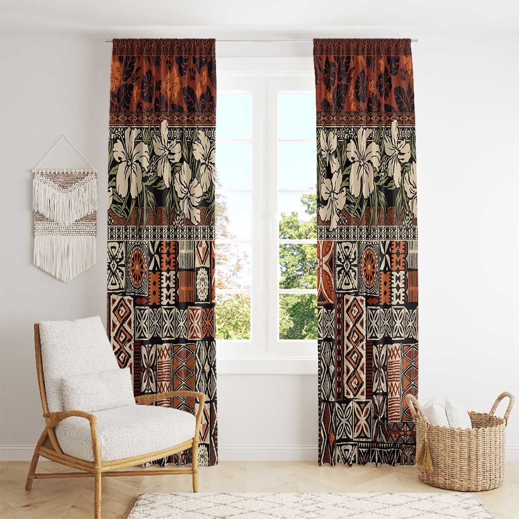 Pacific Hibiscus Tapa Tribal Vintage Window Curtain Brown Motif LT9 - Polynesian Pride