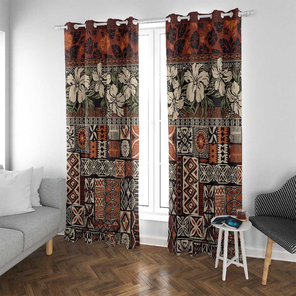 Pacific Hibiscus Tapa Tribal Vintage Window Curtain Brown Motif LT9 With Grommets Brown - Polynesian Pride