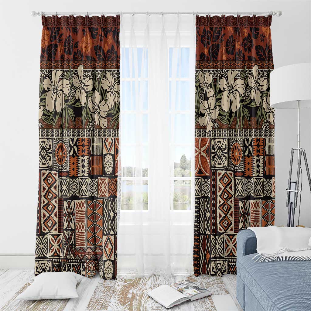 Pacific Hibiscus Tapa Tribal Vintage Window Curtain Brown Motif LT9 - Polynesian Pride