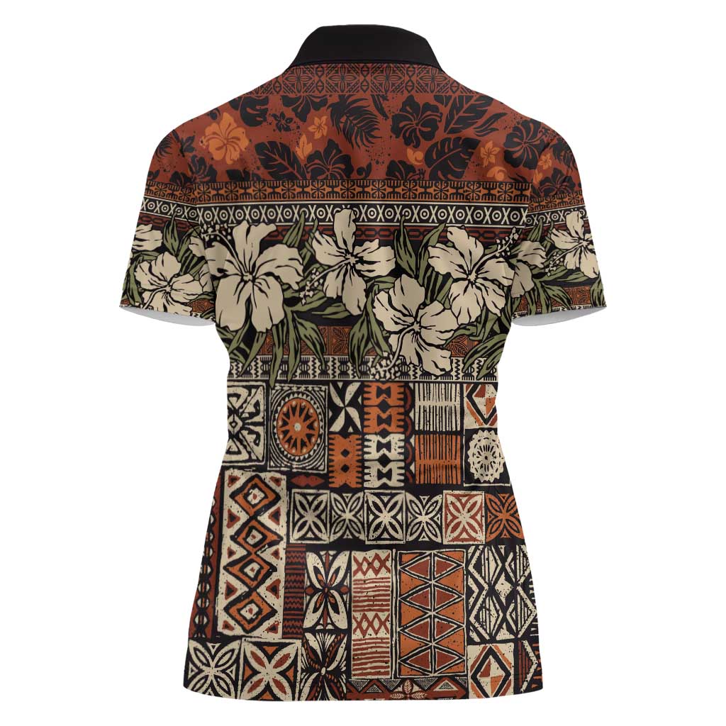 Pacific Hibiscus Tapa Tribal Vintage Women Polo Shirt Brown Motif
