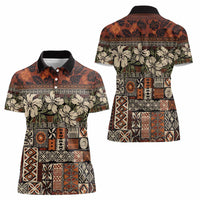 Pacific Hibiscus Tapa Tribal Vintage Women Polo Shirt Brown Motif
