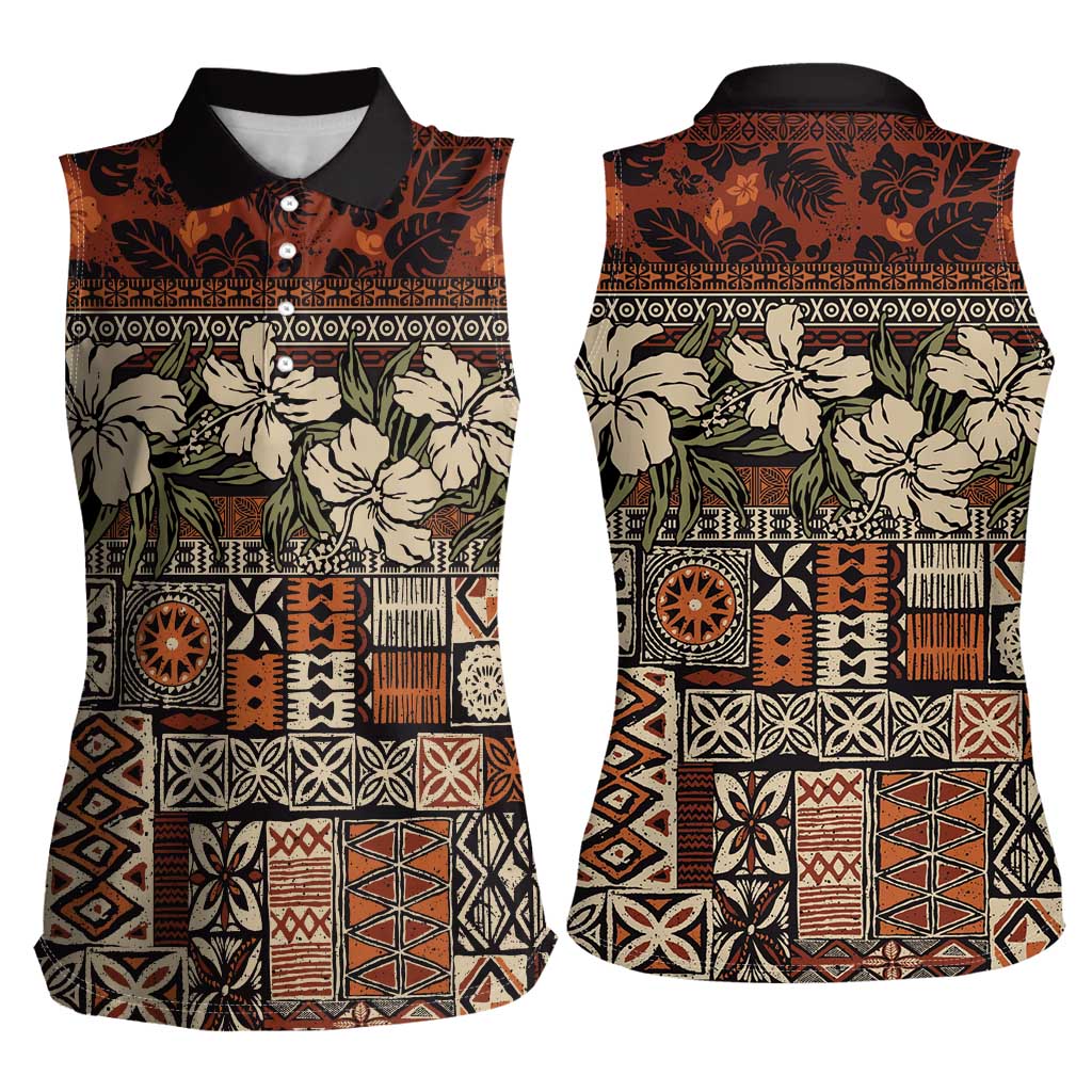 Pacific Hibiscus Tapa Tribal Vintage Women Sleeveless Polo Shirt Brown Motif LT9 - Polynesian Pride
