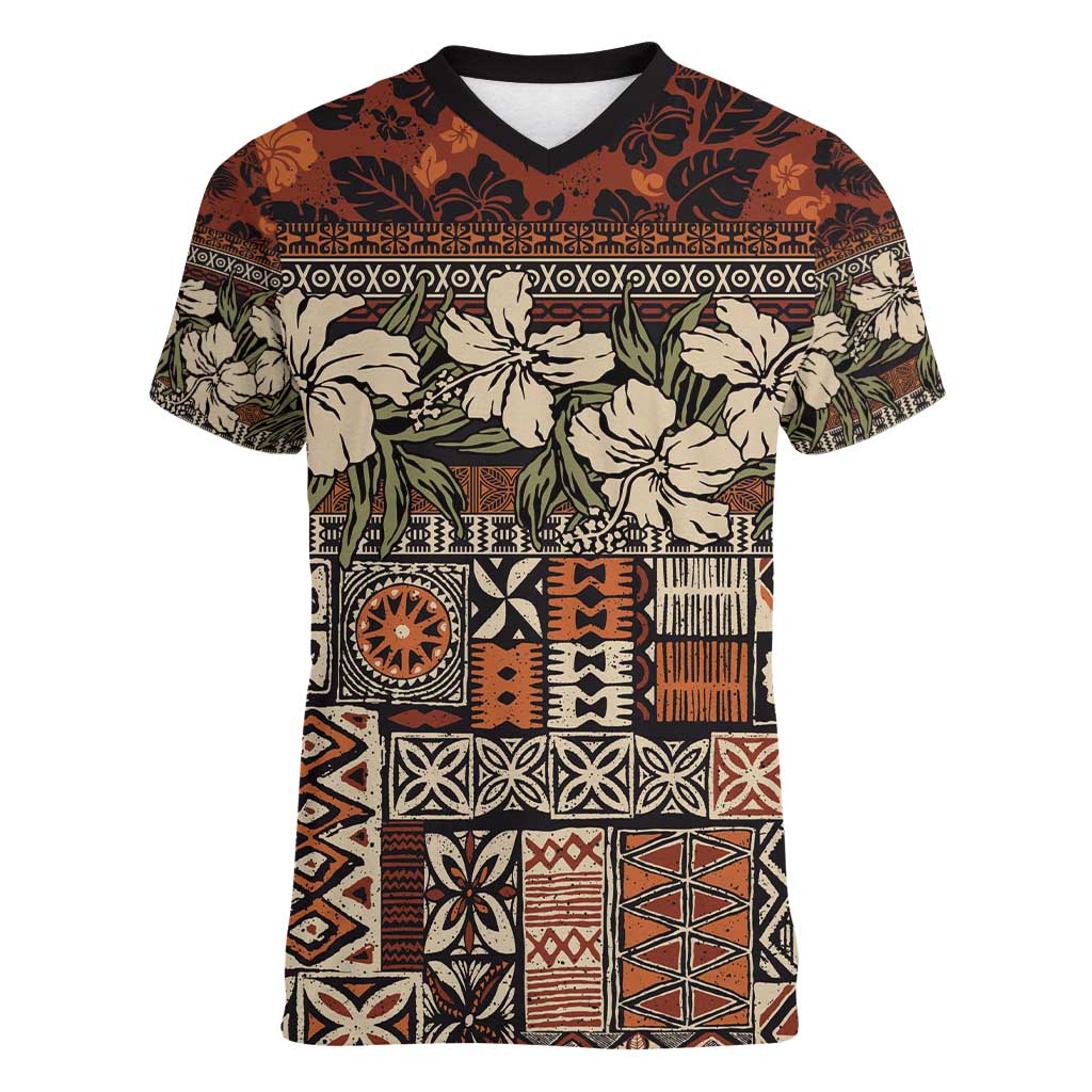 Pacific Hibiscus Tapa Tribal Vintage Women V-Neck T-Shirt Brown Motif LT9 Female Brown - Polynesian Pride