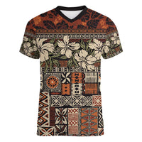 Pacific Hibiscus Tapa Tribal Vintage Women V-Neck T-Shirt Brown Motif LT9 Female Brown - Polynesian Pride