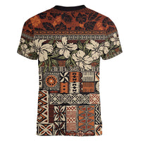Pacific Hibiscus Tapa Tribal Vintage Women V-Neck T-Shirt Brown Motif LT9 - Polynesian Pride