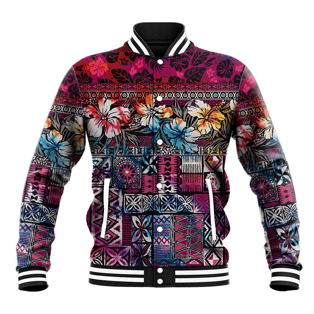 Pacific Hibiscus Tapa Tribal Vintage Baseball Jacket Pink Motif