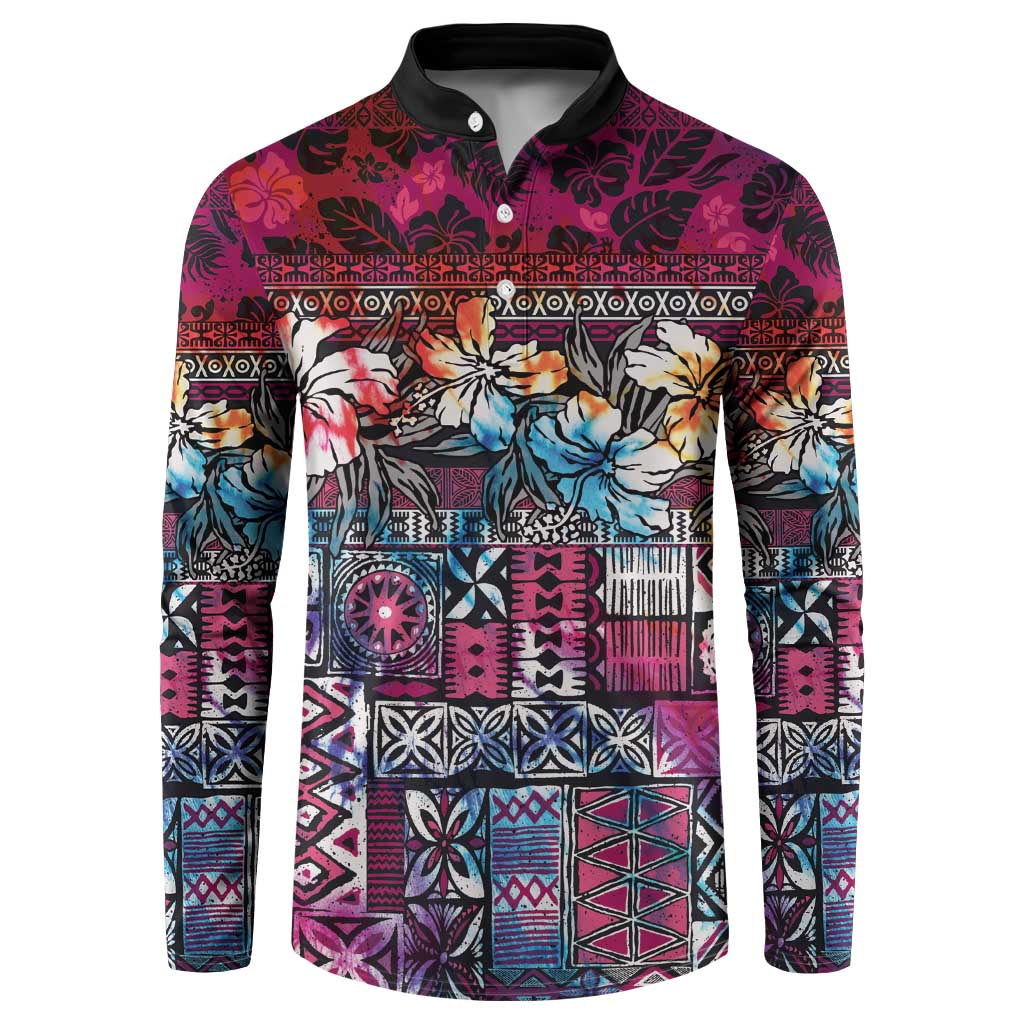 Pacific Hibiscus Tapa Tribal Vintage Button Sweatshirt Pink Motif