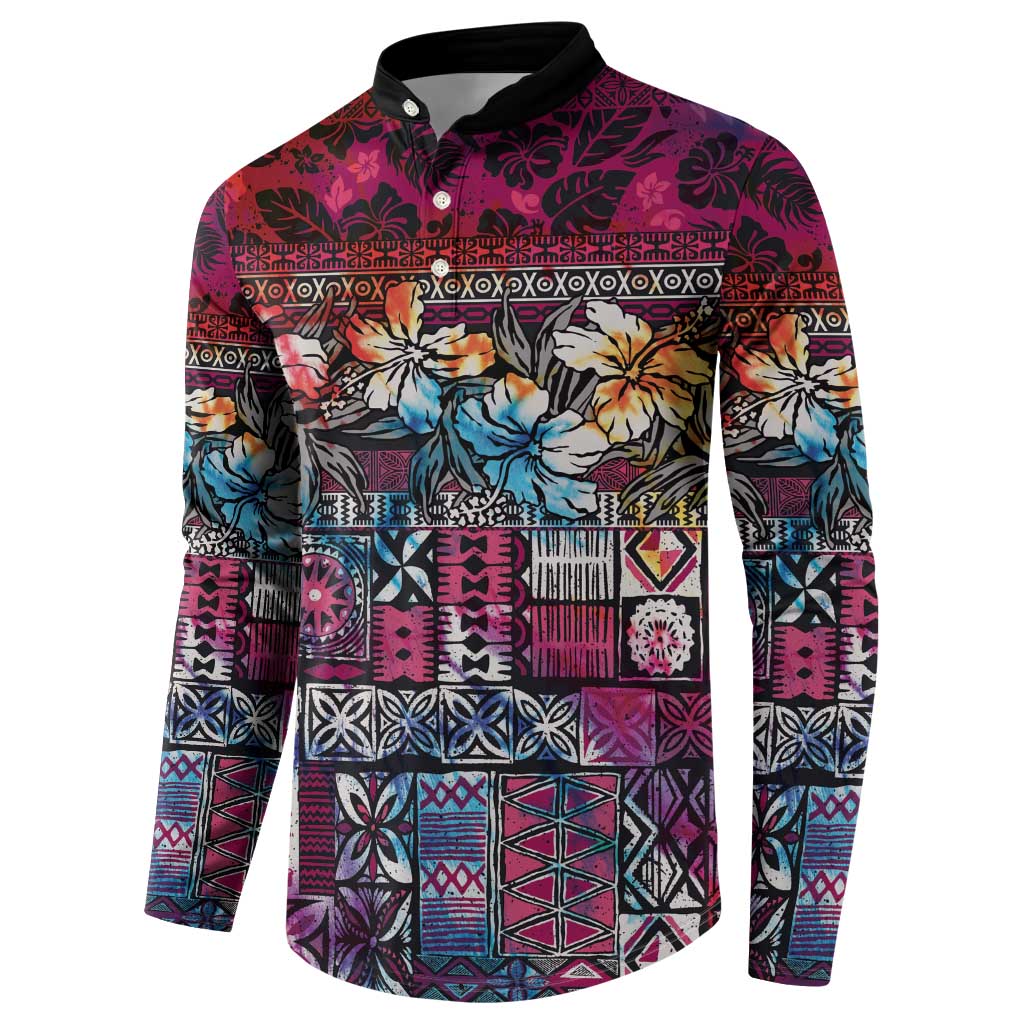 Pacific Hibiscus Tapa Tribal Vintage Button Sweatshirt Pink Motif