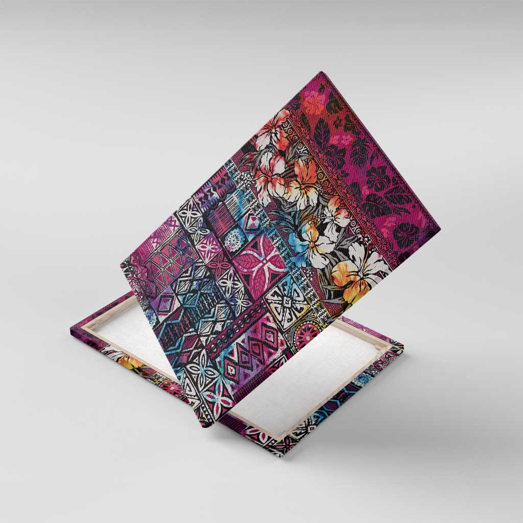 Pacific Hibiscus Tapa Tribal Vintage Canvas Wall Art Pink Motif