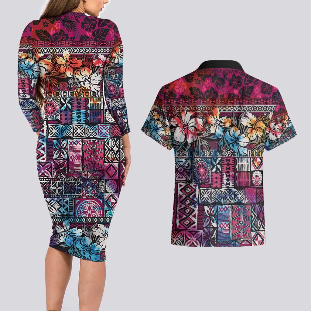 Pacific Hibiscus Tapa Tribal Vintage Couples Matching Long Sleeve Bodycon Dress and Hawaiian Shirt Pink Motif LT9 - Polynesian Pride