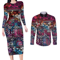 Pacific Hibiscus Tapa Tribal Vintage Couples Matching Long Sleeve Bodycon Dress and Long Sleeve Button Shirt Pink Motif LT9 Pink - Polynesian Pride