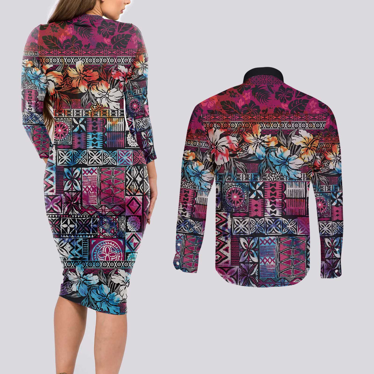 Pacific Hibiscus Tapa Tribal Vintage Couples Matching Long Sleeve Bodycon Dress and Long Sleeve Button Shirt Pink Motif LT9 - Polynesian Pride
