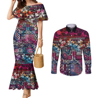 Pacific Hibiscus Tapa Tribal Vintage Couples Matching Mermaid Dress and Long Sleeve Button Shirt Pink Motif LT9 Pink - Polynesian Pride