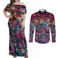 Pacific Hibiscus Tapa Tribal Vintage Couples Matching Off Shoulder Maxi Dress and Long Sleeve Button Shirt Pink Motif LT9 Pink - Polynesian Pride