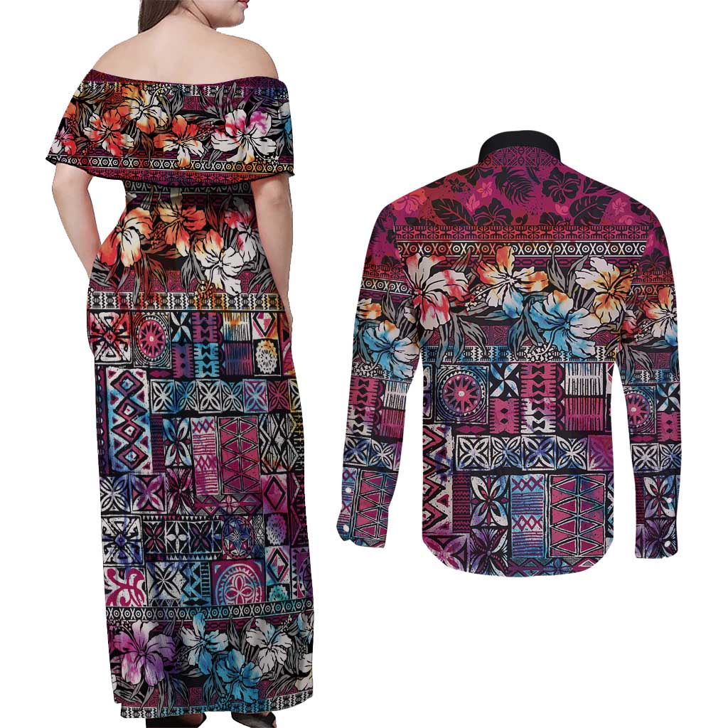 Pacific Hibiscus Tapa Tribal Vintage Couples Matching Off Shoulder Maxi Dress and Long Sleeve Button Shirt Pink Motif LT9 - Polynesian Pride