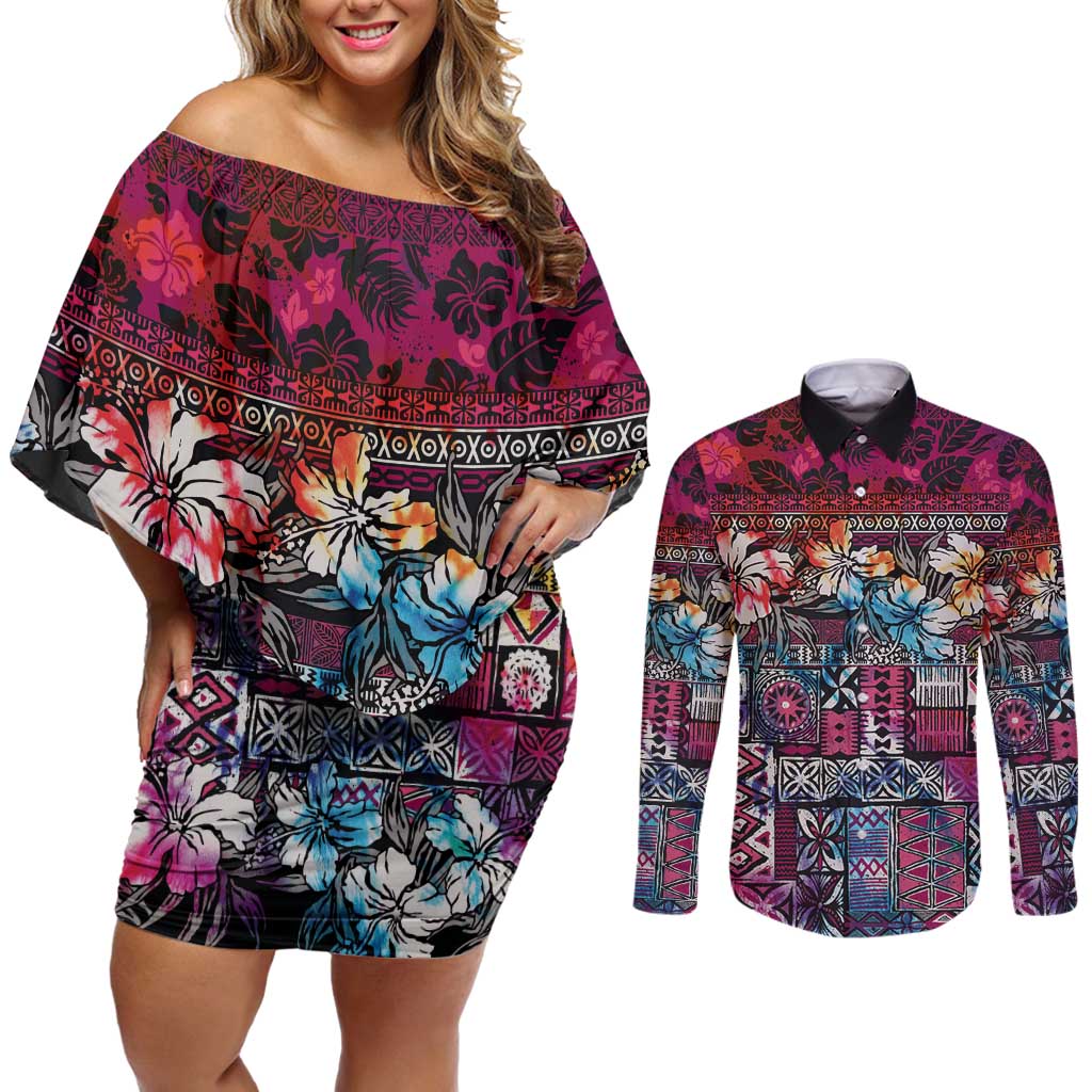Pacific Hibiscus Tapa Tribal Vintage Couples Matching Off Shoulder Short Dress and Long Sleeve Button Shirt Pink Motif LT9 Pink - Polynesian Pride