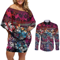 Pacific Hibiscus Tapa Tribal Vintage Couples Matching Off Shoulder Short Dress and Long Sleeve Button Shirt Pink Motif LT9 Pink - Polynesian Pride
