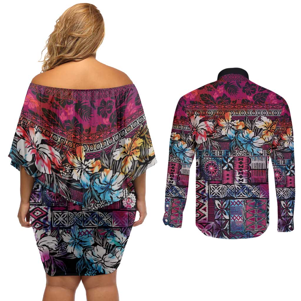 Pacific Hibiscus Tapa Tribal Vintage Couples Matching Off Shoulder Short Dress and Long Sleeve Button Shirt Pink Motif LT9 - Polynesian Pride