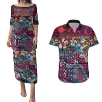 Pacific Hibiscus Tapa Tribal Vintage Couples Matching Puletasi and Hawaiian Shirt Pink Motif LT9 Pink - Polynesian Pride