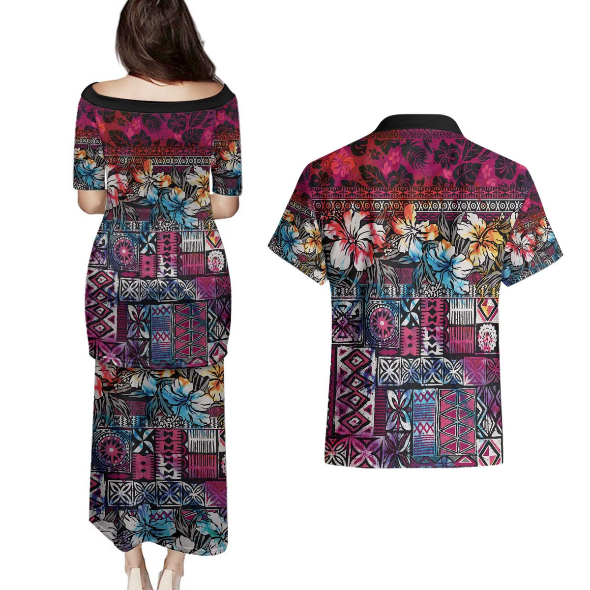 Pacific Hibiscus Tapa Tribal Vintage Couples Matching Puletasi and Hawaiian Shirt Pink Motif LT9 - Polynesian Pride