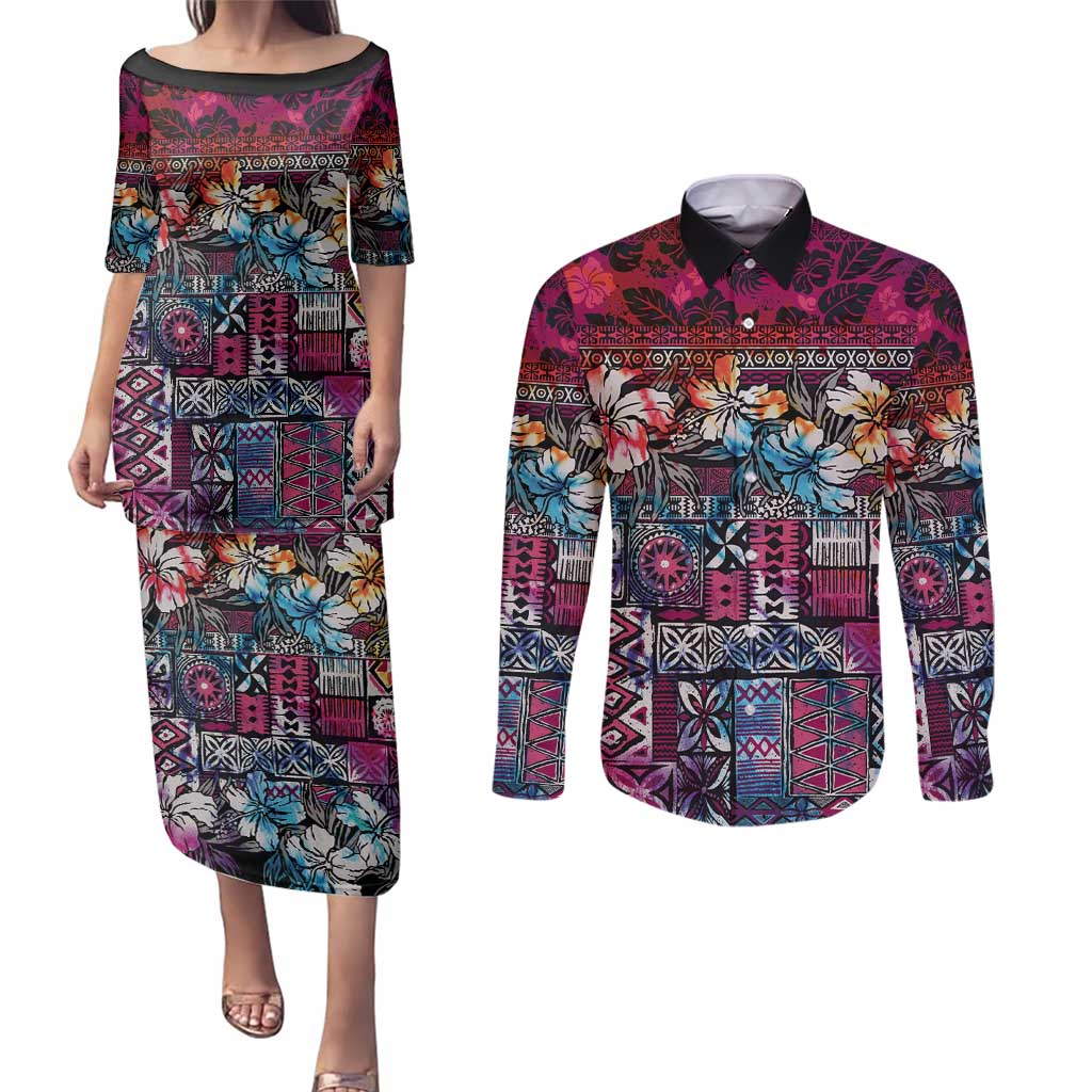 Pacific Hibiscus Tapa Tribal Vintage Couples Matching Puletasi and Long Sleeve Button Shirt Pink Motif