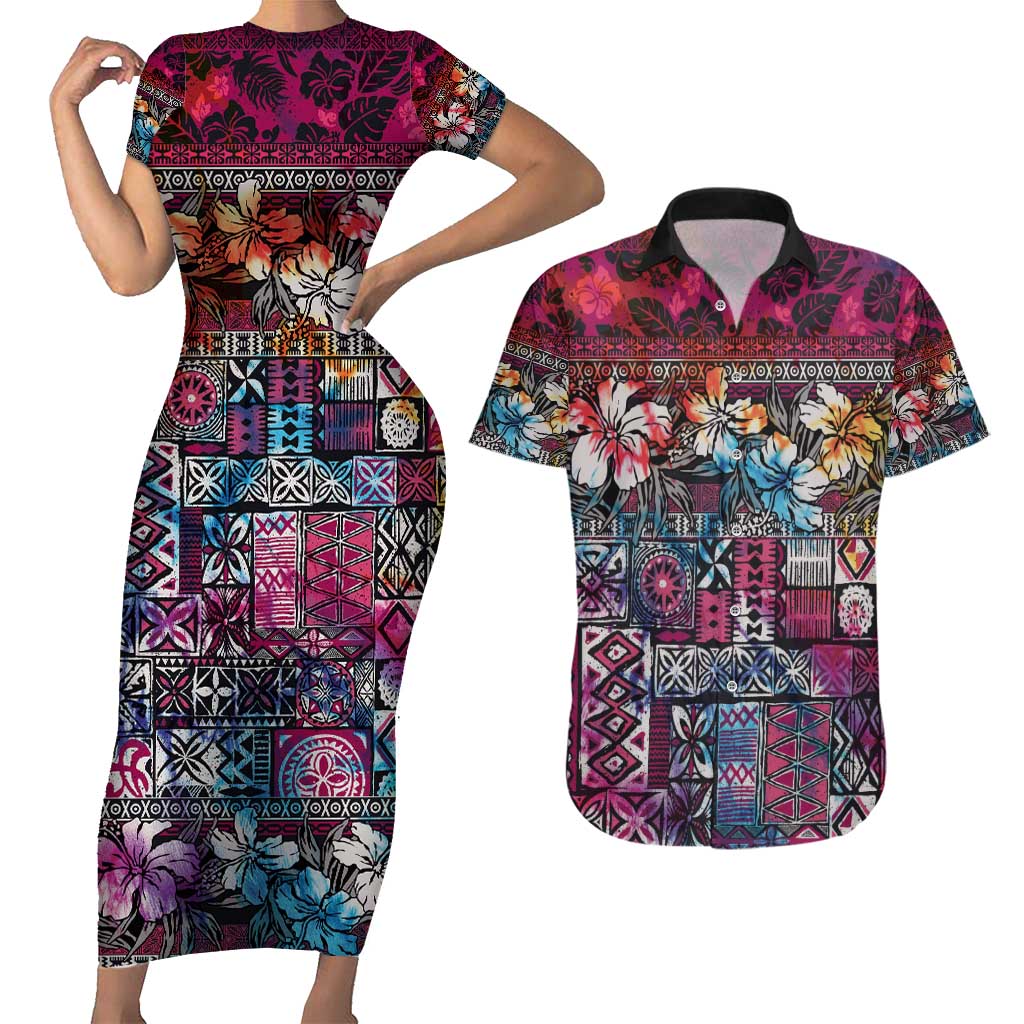 Pacific Hibiscus Tapa Tribal Vintage Couples Matching Short Sleeve Bodycon Dress and Hawaiian Shirt Pink Motif LT9 Pink - Polynesian Pride