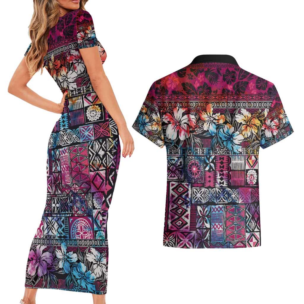Pacific Hibiscus Tapa Tribal Vintage Couples Matching Short Sleeve Bodycon Dress and Hawaiian Shirt Pink Motif LT9 - Polynesian Pride