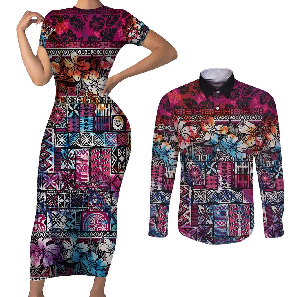 Pacific Hibiscus Tapa Tribal Vintage Couples Matching Short Sleeve Bodycon Dress and Long Sleeve Button Shirt Pink Motif LT9 Pink - Polynesian Pride