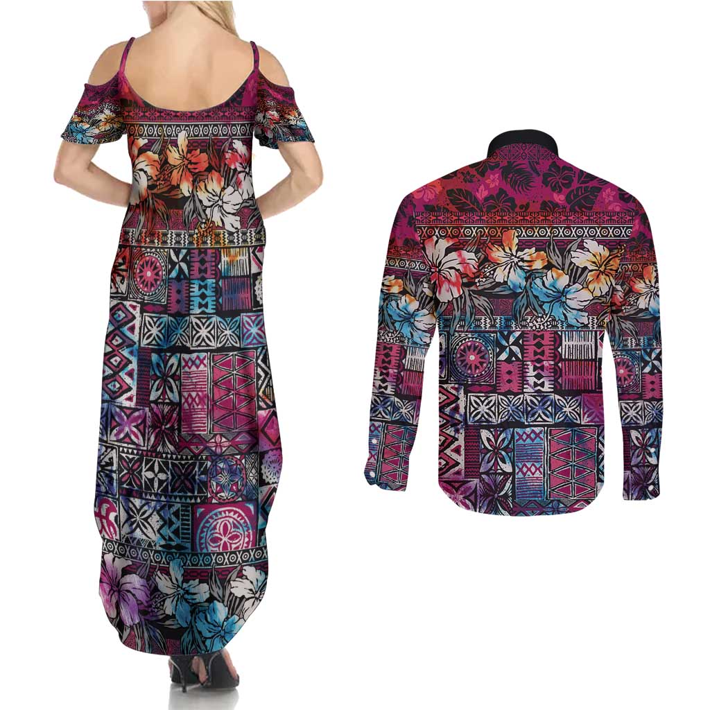 Pacific Hibiscus Tapa Tribal Vintage Couples Matching Summer Maxi Dress and Long Sleeve Button Shirt Pink Motif LT9 - Polynesian Pride