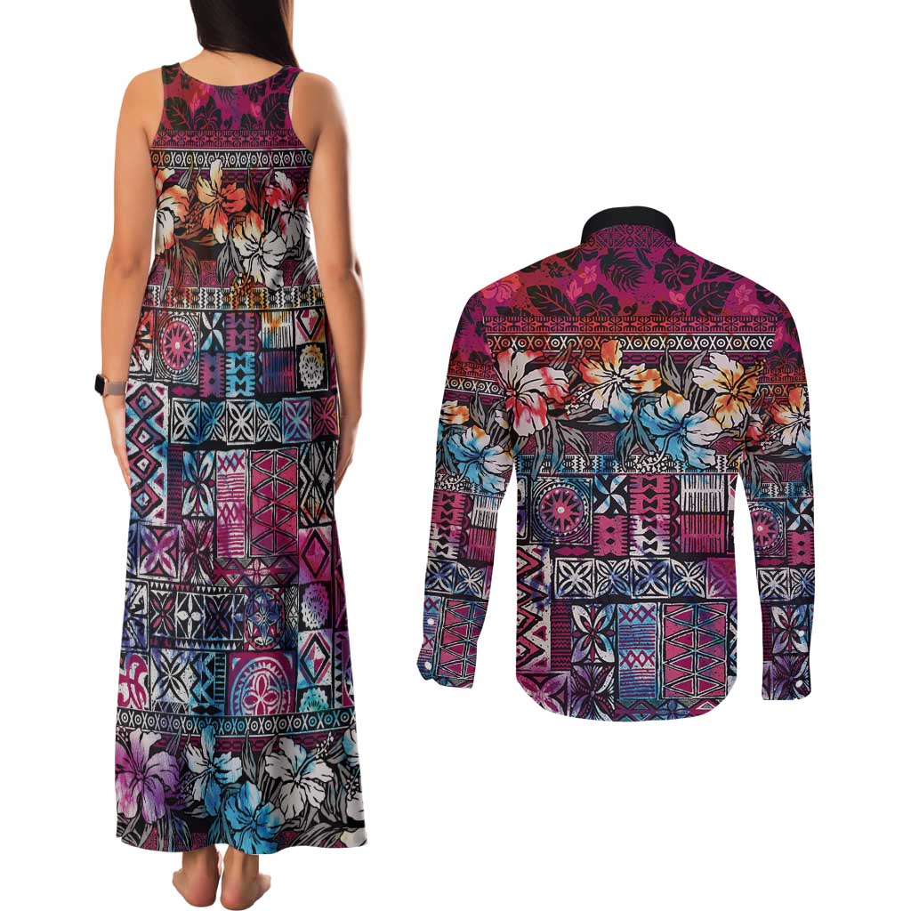 Pacific Hibiscus Tapa Tribal Vintage Couples Matching Tank Maxi Dress and Long Sleeve Button Shirt Pink Motif LT9 - Polynesian Pride