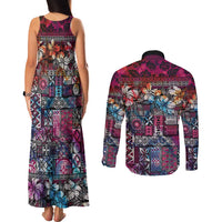 Pacific Hibiscus Tapa Tribal Vintage Couples Matching Tank Maxi Dress and Long Sleeve Button Shirt Pink Motif LT9 - Polynesian Pride