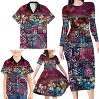 Pacific Hibiscus Tapa Tribal Vintage Family Matching Long Sleeve Bodycon Dress and Hawaiian Shirt Pink Motif LT9 - Polynesian Pride