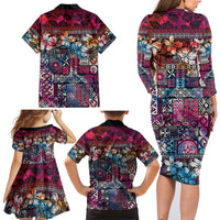 Pacific Hibiscus Tapa Tribal Vintage Family Matching Long Sleeve Bodycon Dress and Hawaiian Shirt Pink Motif LT9 - Polynesian Pride