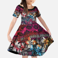 Pacific Hibiscus Tapa Tribal Vintage Family Matching Mermaid Dress and Hawaiian Shirt Pink Motif LT9 Daughter's Dress Pink - Polynesian Pride