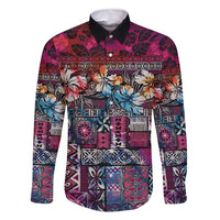 Pacific Hibiscus Tapa Tribal Vintage Family Matching Mermaid Dress and Hawaiian Shirt Pink Motif LT9 Dad's Shirt - Long Sleeve Pink - Polynesian Pride