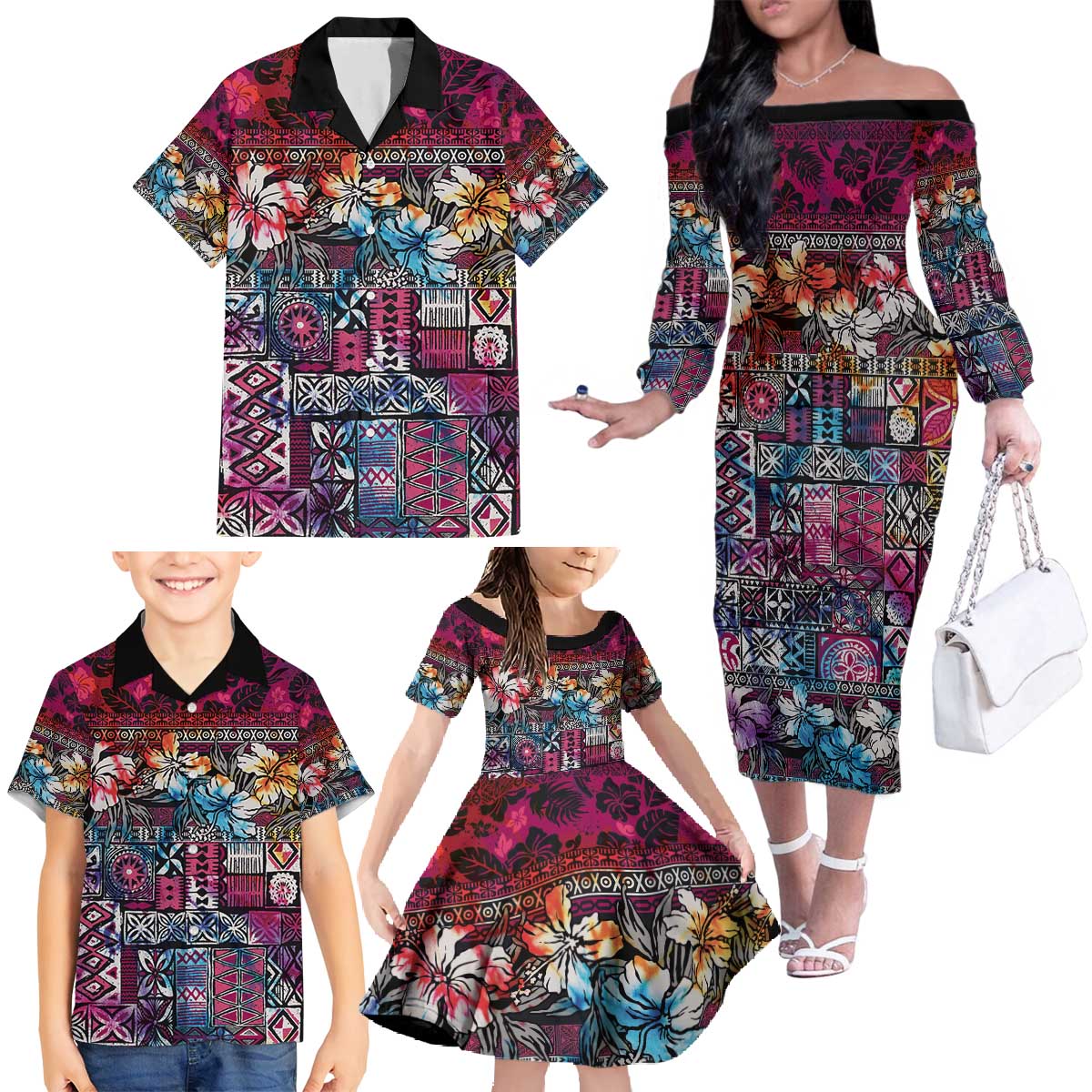 Pacific Hibiscus Tapa Tribal Vintage Family Matching Off The Shoulder Long Sleeve Dress and Hawaiian Shirt Pink Motif LT9 - Polynesian Pride