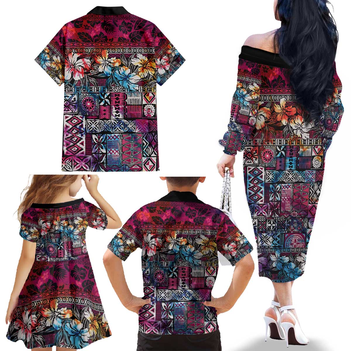 Pacific Hibiscus Tapa Tribal Vintage Family Matching Off The Shoulder Long Sleeve Dress and Hawaiian Shirt Pink Motif LT9 - Polynesian Pride