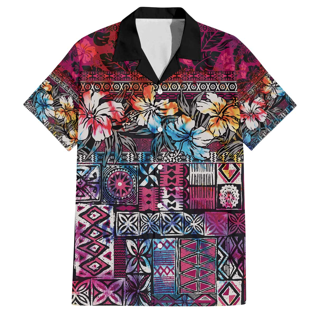 Pacific Hibiscus Tapa Tribal Vintage Family Matching Off The Shoulder Long Sleeve Dress and Hawaiian Shirt Pink Motif LT9 Dad's Shirt - Short Sleeve Pink - Polynesian Pride