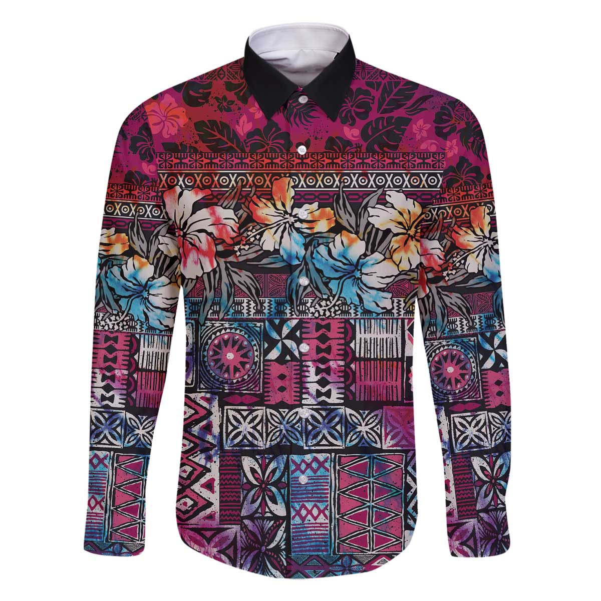 Pacific Hibiscus Tapa Tribal Vintage Family Matching Off The Shoulder Long Sleeve Dress and Hawaiian Shirt Pink Motif LT9 Dad's Shirt - Long Sleeve Pink - Polynesian Pride