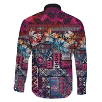Pacific Hibiscus Tapa Tribal Vintage Family Matching Off The Shoulder Long Sleeve Dress and Hawaiian Shirt Pink Motif LT9 - Polynesian Pride