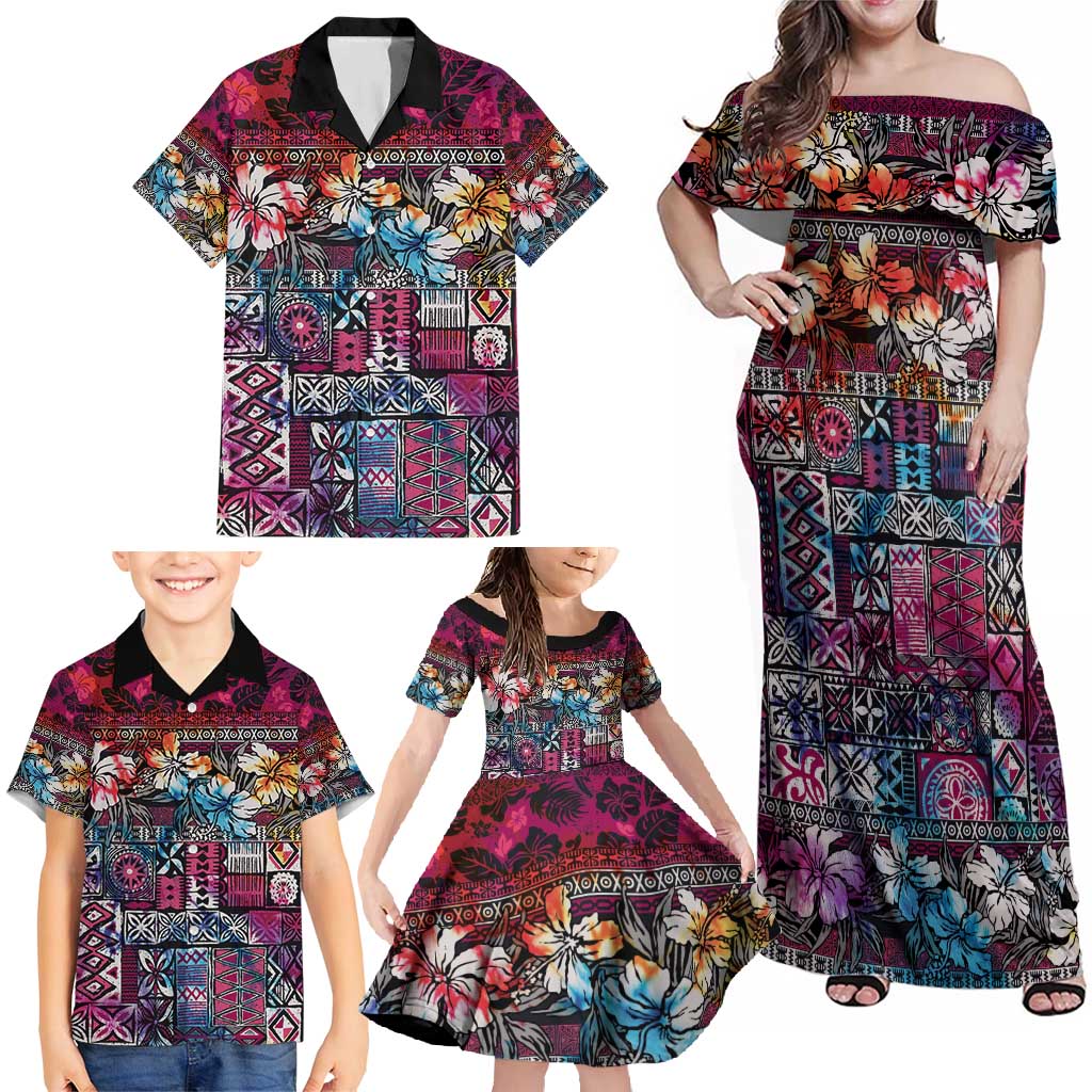 Pacific Hibiscus Tapa Tribal Vintage Family Matching Off Shoulder Maxi Dress and Hawaiian Shirt Pink Motif LT9 - Polynesian Pride
