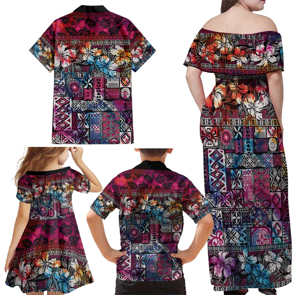 Pacific Hibiscus Tapa Tribal Vintage Family Matching Off Shoulder Maxi Dress and Hawaiian Shirt Pink Motif LT9 - Polynesian Pride